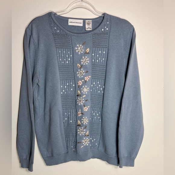 Alfred Dunner Womens Crew Size Small Beautiful Flower Detail on Blue Knit - Picture 1 of 7